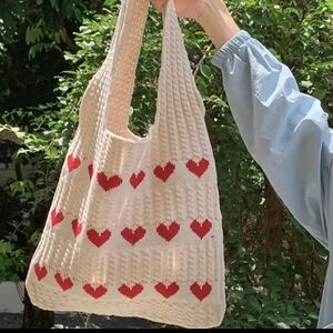 Chic Heart Patterned Tote Bag - Cream and Red